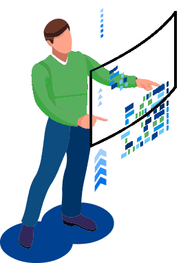 Illustrated salesperson presenting a rising bar chart